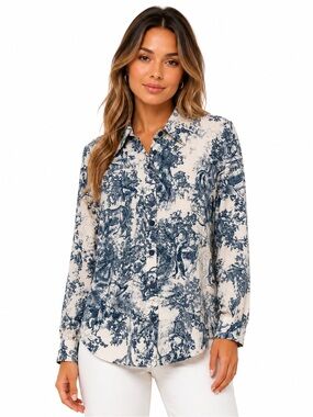 Blue Toile Button-Front Satin Blouse -